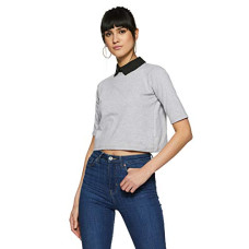 Deals, Discounts & Offers on Women - Miss Chase Women's Navy Blue and Grey Collar Neck Half Sleeves Solid Boxy Crop Top