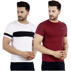 Deals, Discounts & Offers on  - OJSRPack of 2 Men Colorblock Round Neck Pure Cotton Red, White T-Shirt
