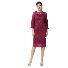 Deals, Discounts & Offers on Women - Miss Chase Women's Maroon Round Neck Puff Sleeve Floral Lace Overlaid Midi Dress