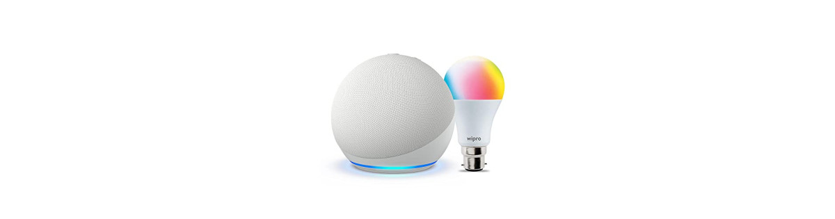 Echo Dot (5th Gen, White) Combo with Wipro 9W LED Smart Color Bulb