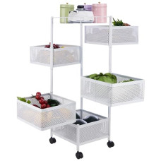 Deals, Discounts & Offers on Furniture - Amazon Brand - Solimo Five-Tier Square Trolley with Baskets, Rotating, Wire Mesh Baskets, Magnetic Closure, Portable (White)