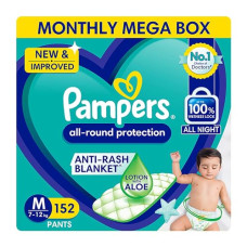 Deals, Discounts & Offers on Beauty Care - Pampers All round Protection Pants Style Baby Diapers, Medium (M) Size, 152 Count, Anti Rash Blanket, Lotion with Aloe Vera, 7-12kg Diapers