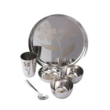 Deals, Discounts & Offers on  - Abode Prime Stainless Steel Heavy Guage Material Dinner Set | Dinner Set with 2 Thali, 4 Bowl, 2 halwa Plate, 2 Glass, 2 Spoon | Dinnerware | Stainless Steel Dinner with Set of 12 | Silver |