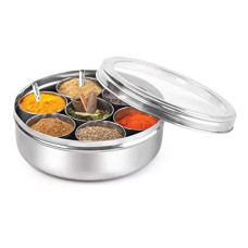 Deals, Discounts & Offers on  - Cello Steelox Stainless Steel Masala Dabba/Spice Box with See Through Lid, 7 Containers and 2 Small Spoons, (150mlx7), Silver, Large