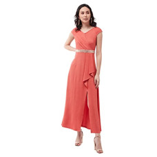 Deals, Discounts & Offers on Women - Miss Chase Women's Coral V-Neck Raglan Sleeve Solid Embellished Maxi Jumpsuit