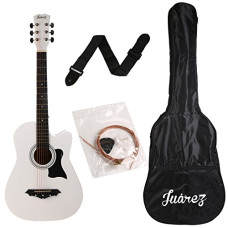 Deals, Discounts & Offers on  - Jurez JRZ38C/WH 6 Strings Acoustic Guitar 38 Inch Cutaway, Right Handed, White with Bag, Strings, Picks and Strap