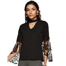 Deals, Discounts & Offers on Women - Miss Chase Women's Black Round Neck 3/4 Sleeves Solid Lace Semi Sheer Split Sleeve Choker Style Top