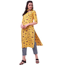 Deals, Discounts & Offers on Women - LookMark Women's Crepe Printed Regular Kurti | Kurta (K1100-S) Yellow