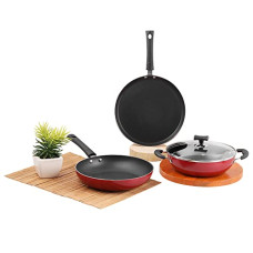 Deals, Discounts & Offers on Cookware - Vinod Popular Aluminium Non Stick Cookware Set Of 3|2.5 Litre Kadhai, 24 Cm Frypan With Common Glass Lid And 25Cm Dosa Tawa|3Mm Thick|Induction & Gas Base|2 Year Warranty, Red
