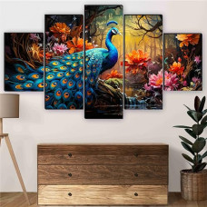 Deals, Discounts & Offers on  - SAF Peacock Paintings for Wall Decoration - Set Of Five, 3d Scenery Vastu Painting for Living Room Large Size with Frames
