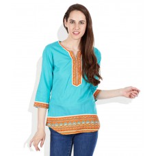 Deals, Discounts & Offers on Women Clothing - Biba Turquoise Printed Cotton Kurti offer