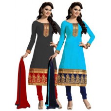 Deals, Discounts & Offers on Women Clothing - Shonaya Blue & Grey Colour Chanderi Cotton Unstitched Dress Material