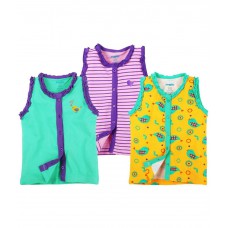 Deals, Discounts & Offers on Kid's Clothing - Snuggles Pack of 3 Green, Yellow & Purple Printed Buttoned Vests