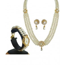 Deals, Discounts & Offers on Earings and Necklace - Classique Designer Jewellery Golden Finish Pearl Necklace Set With Wrist Watch