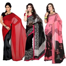 Deals, Discounts & Offers on Women Clothing - Parchayee Printed Fashion Georgette Sari - Pack of 3