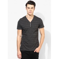 Deals, Discounts & Offers on Men Clothing - Dark Grey Striped Henley T-Shirt offer
