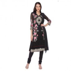 Deals, Discounts & Offers on Women Clothing - Varanga Poly Georgette Embroidered Black Dress Material