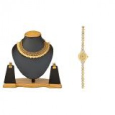 Deals, Discounts & Offers on Earings and Necklace - Temple Jewellery set with free rhinestone watch