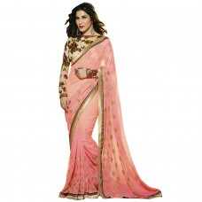Deals, Discounts & Offers on Women Clothing - Dharm Fashion Villa Peach Color Georgette Plain Saree With Printed Blouse