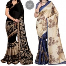 Deals, Discounts & Offers on Women Clothing - Upto 85% off on Janasya Black,Brown Printed Georgette,Silk Saree