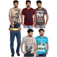 Deals, Discounts & Offers on Men Clothing - Flat 20% off on Mid-Rise Jeans With 5 Printed T-Shirts