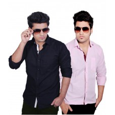 Deals, Discounts & Offers on Men Clothing - Zavlin Black & Pink Solids Cotton Shirt Pack Of 2