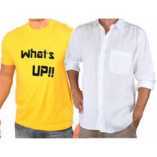 Deals, Discounts & Offers on Men Clothing - Full Sleeve Linen Shirt & Whats Up Printed Round Neck Tshirt