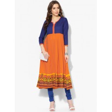 Deals, Discounts & Offers on Women Clothing - Aks Orange Anarkali Kurta With Printed Hemline