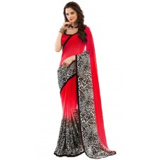 Flat 75% off on Jaanvi Fashion Red Chiffon Saree Women Clothing