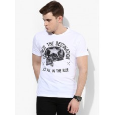 Deals, Discounts & Offers on Men - White Printed Round Neck T Shirt