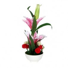 Deals, Discounts & Offers on Home Decor & Festive Needs - Orchard Bouquet Of Pink Lily Flowers And Red White Carnations In A White Porcelain Bowl