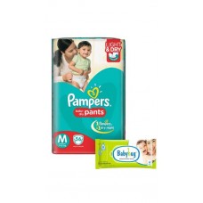 Deals, Discounts & Offers on Baby Care - Pampers Pant Style Diapers Light And Dry Medium - 56 Pieces with Babyhug Wipes