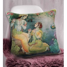 Deals, Discounts & Offers on Furniture - Bombay Mill Multicolour Matt Satin 16 x 16 Inch Radha Krishna Print & Embroidery Cushion Cover