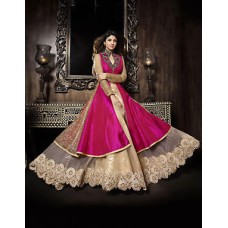 Deals, Discounts & Offers on Women Clothing - Designer Cream & Pink Banglori Silk Anarkali Suit