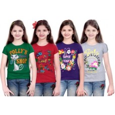 Deals, Discounts & Offers on Kid's Clothing - sinimini Printed Girl's Round Neck Green, Pink, Purple, Silver T-Shirt