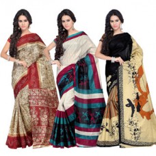 Deals, Discounts & Offers on Women Clothing - Shonaya Pack Of 3 Multicolour Silk Printed Saree