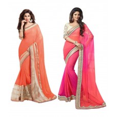 Deals, Discounts & Offers on Women Clothing - varsha sarees Pink and Orange Faux Chiffon Pack of 2