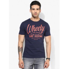 Deals, Discounts & Offers on Men Clothing - Wrangler Navy Blue Printed Round Neck T Shirt