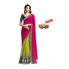 Deals, Discounts & Offers on Women Clothing - Janasya Pink And Green Georgette Saree With Free Golden Kada
