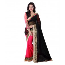 Deals, Discounts & Offers on Women Clothing - Neerja Fashion Black-Pink Georgette Saree