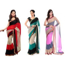 Deals, Discounts & Offers on Women Clothing - Nilesh Fab Printed Bollywood Pure Chiffon Sari - Pack of 3