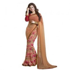 Deals, Discounts & Offers on Women Clothing - Janasya Women's Orange Half Half Georgette Printed Saree