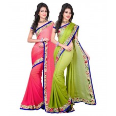 Deals, Discounts & Offers on Women Clothing - Praveenbhai D Savaliya Green and Pink Georgette Pack of 2