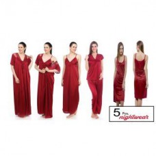 Deals, Discounts & Offers on Women Clothing - Maroon Satin Lycra Nighty - Set of 5