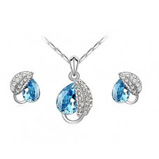 Deals, Discounts & Offers on Earings and Necklace - Habors 18K White Gold Plated Blue Austrian Crystal Leaf Pendant Set at 77% offer