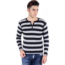 Deals, Discounts & Offers on Men Clothing - Bigidea Striped Men's Henley Black, Grey T-Shirt