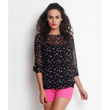 Deals, Discounts & Offers on Women Clothing - Flat 58% Offer on The Gud look Black Poly Chiffon Skull Printed Top