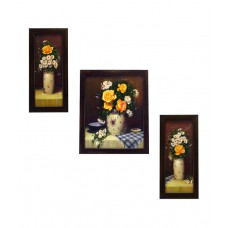 Deals, Discounts & Offers on Home Decor & Festive Needs - Indianara Wooden Yellow Roses In Vases Framed Wall Hanging - Set Of 3