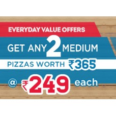 Deals, Discounts & Offers on Food and Health - Choose any 2 Medium Hand Tossed Pizzas of Rs. 365 for Rs. 249 each + 4 More Offers
