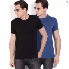 Deals, Discounts & Offers on Men Clothing - Peter England Solid Men's Round Neck Blue T-Shirt